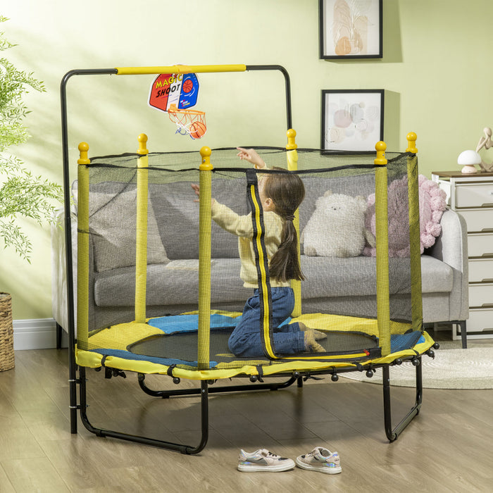 Qaba 55\" Trampoline for Kids, 47.2\"-55.1\"H Indoor Outdoor Toddler Trampoline with Safety Enclosure Net, Baby Recreational Play for Boys and Girls, Ages 3-10, Yellow