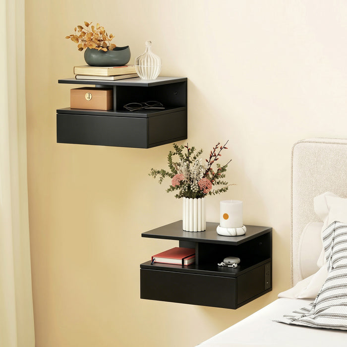 HOMCOM Floating Nightstand Set of 2, Bedside Table with with Power Outlets