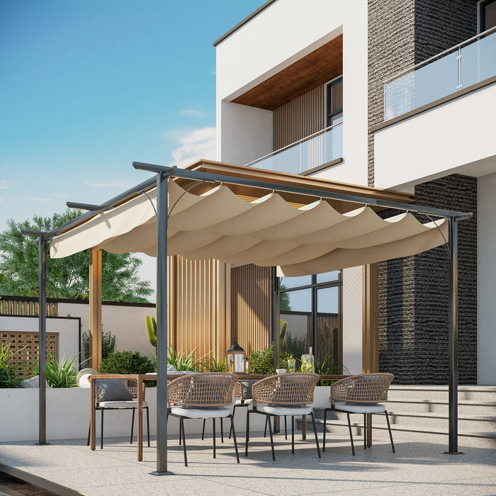 Outsunny 11.5' X 11.5' Outdoor Pergola,sun Shade Gazebo With Square Retractable Canopy For Garden, Deck, Lawn, Backyard, Beige