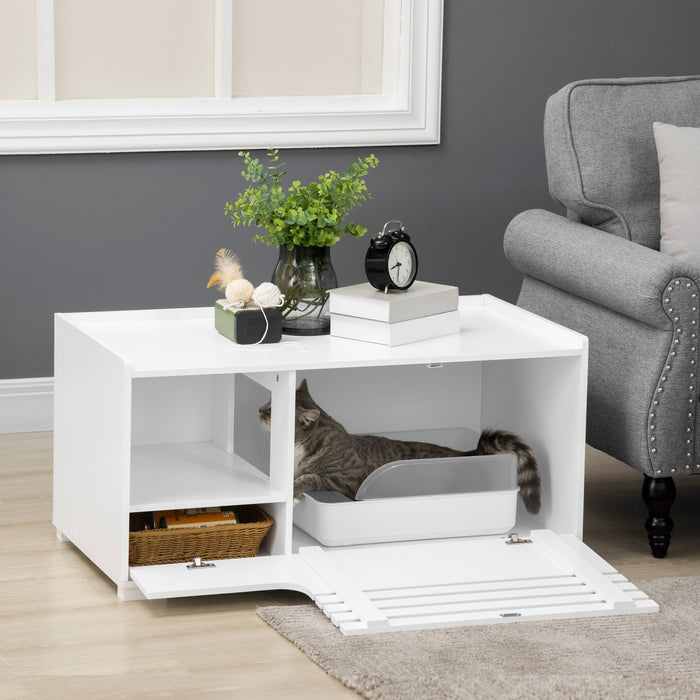 PawHut Cat Litter Box Enclosure with Storage Compartments, Hidden Cat Litter Box Furniture and Side Table with Elevated Bottom, Fits Most Litter Pans, for Living Room, White