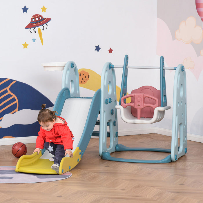 Qaba 4 In 1 Kids Slide And Swing Set With Basketball Hoop Adjustable Height Water-fillable Base Toddler Climber Playset Playground Activity Center Indoor Outdoor Exercise Toy