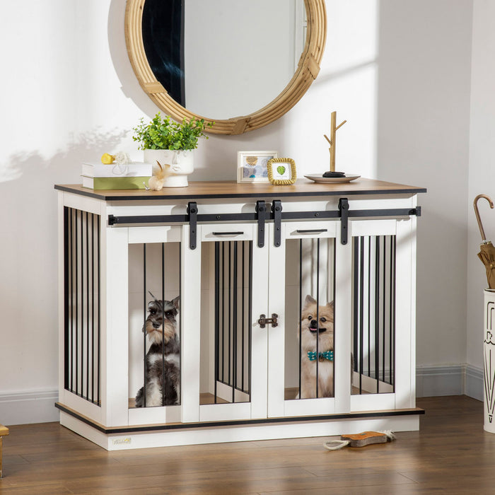 Pawhut Dog Crate Furniture With Divider Panel, Wooden Dog Kennel Tv Stand For Large Dogs, Pet House Side Table For 2 Small Dogs With Two Rooms Design, 2 Sliding Doors, White