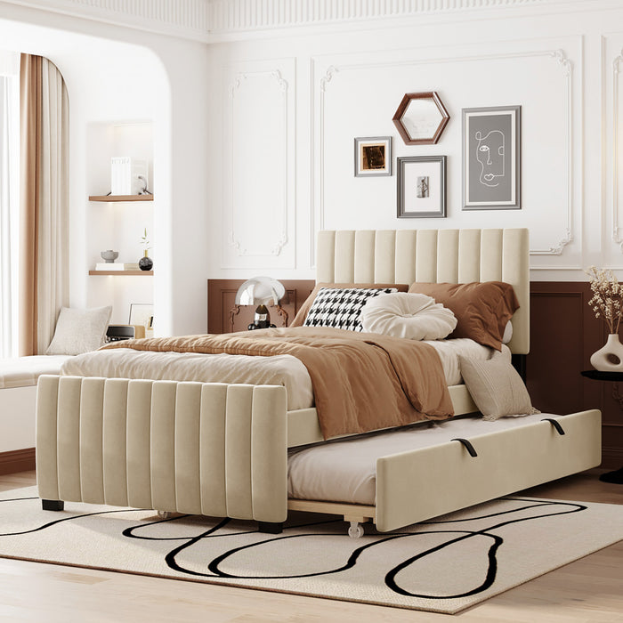 Ethan Space-Saving Velvet Upholstered Platform Bed with Trundle,Twin Size,Beige Twin Bed