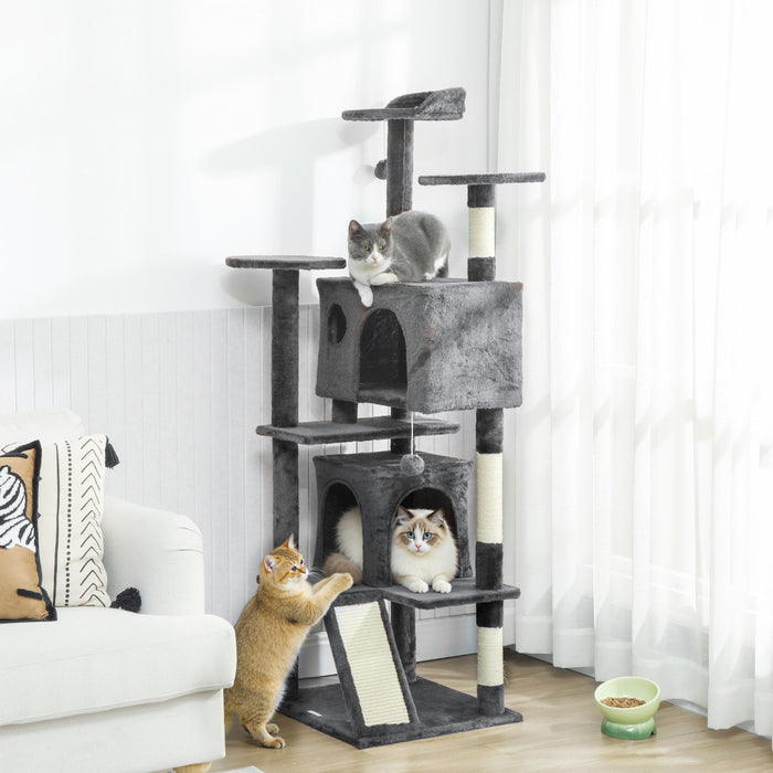 PawHut 63\" Cat Tree, Cat Tower for Indoor Cats with Scratching Posts, Cat Condos, Bed, Platforms, Ramp, Toy Ball, Cat Activity Center, Dark Grey
