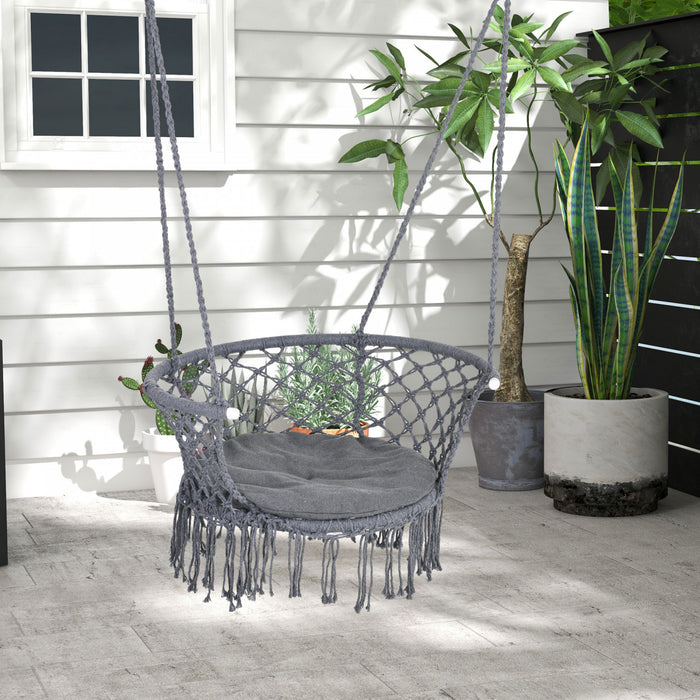 Outsunny Hanging Hammock Chair, Cotton Rope Porch Hammock Swing With Metal Frame And Cushion, Large Macrame Seat For Patio, Garden, Bedroom, Living Room, Dark Grey