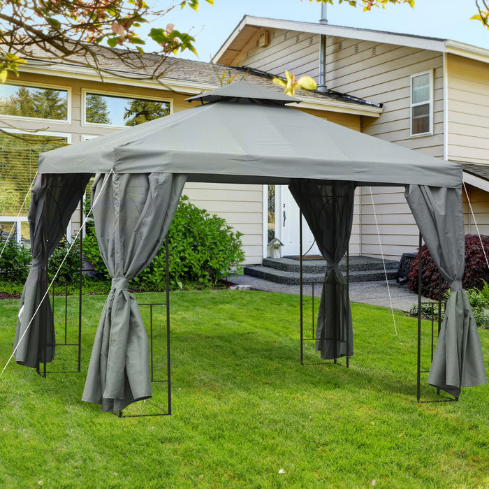Outsunny 10' X 10' Patio Gazebo Outdoor, Canopy Shelter With Double-tier Roof, Pavilion Sidewalls For Garden Events, Dark Grey