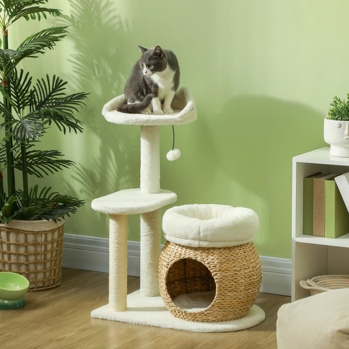 Pawhut 31\" Cat Tree, Cat Tower With Sisal Scratching Posts, Cat Condo, Cat Beds, Platform, Toy Ball, Cat Activity Center For Indoor Cats, Cream White