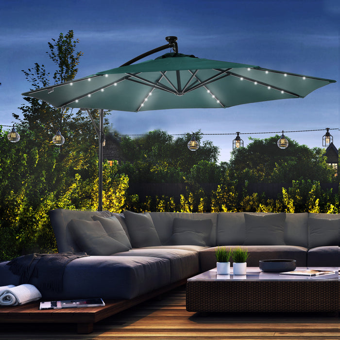 Outsunny 10ft Outdoor Cantilever Umbrella W/ Solar Lights, Dark Green