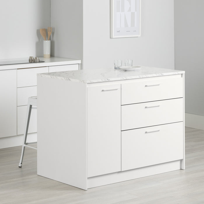 Myro Kitchen Island With Door And Drawers - Faux White Marble And White 