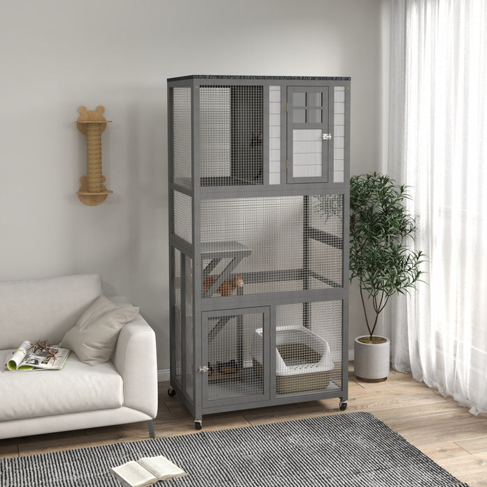 Pawhut 74\" Wooden Outdoor Cat House Weatherproof & Wheeled, Catio Outdoor Cat Enclosure With High Weight Capacity, Kitten Cage Condo, Light Grey