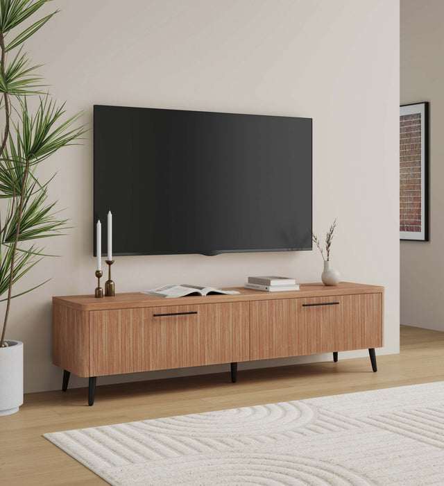 Jodie Mid-Century Modern 69\" Fluted TV Stand in Maple Armoire