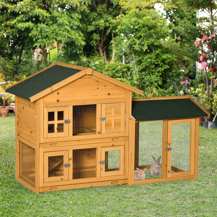 Pawhut 59\" Wooden Rabbit Hutch 2 Tier Bunny House Pet Playpen Enclosure For Indoor Outdoor With Slide-out Tray, Ramp, For Rabbits And Small Animals, Orange