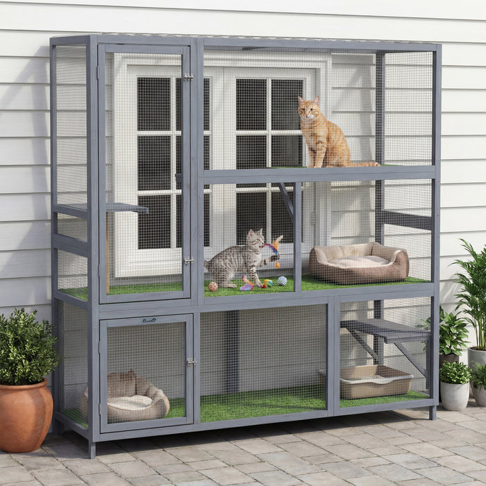 PawHut Catio Outdoor Cat Enclosure, 77\" H Wooden Cat House with Waterproof Roof, Platforms and Scratching Post, Large Catio for 2-3 Indoor Kittens, 63.8\" x 19.7\" x 77\", Light Grey