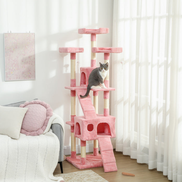 PawHut 68 inches Cat Tree, Multi-Level Large Cat Tower Condo with Scratching Posts, Perches, Cat Houses, Dangling Toy, Pink