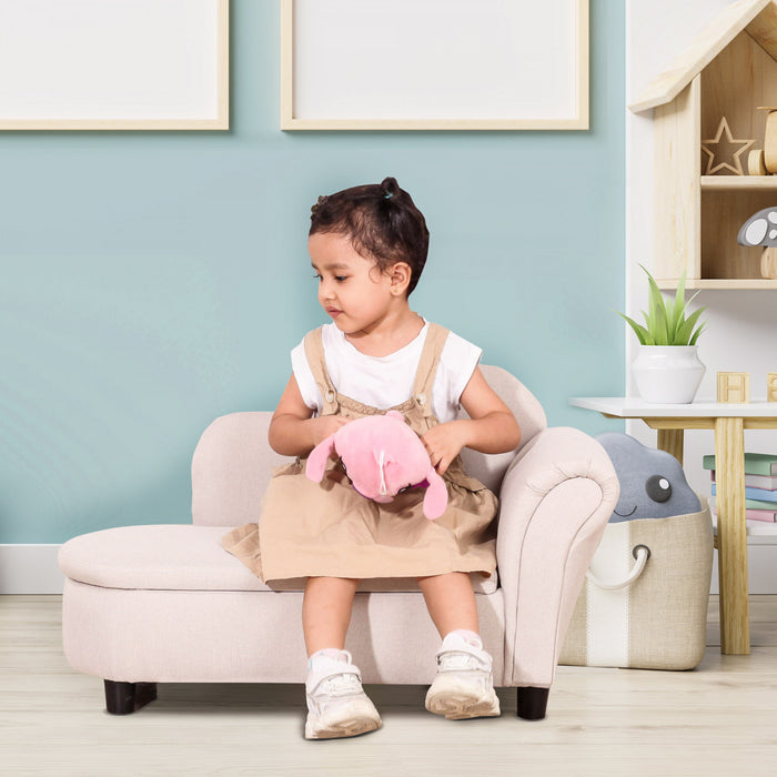 Qaba Kids Sofa, Toddler Couch With Storage Compartment, Children Chaise Lounge, Armrest Chair For Preschool For Kids Room, Kindergarten, Eucalyptus Wood, Beige