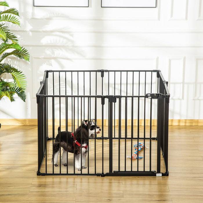 Pawhut Pet Safety Gate 8-panel Playpen Fireplace Christmas Tree Steel Fence Stair Barrier Room Divider With Walk Through Door Automatically Close Lock Black