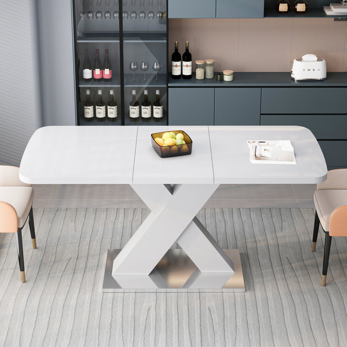 Liam Modern Rectangle Stretchable Dining Table with X-Shape Legs and Metal Base,White