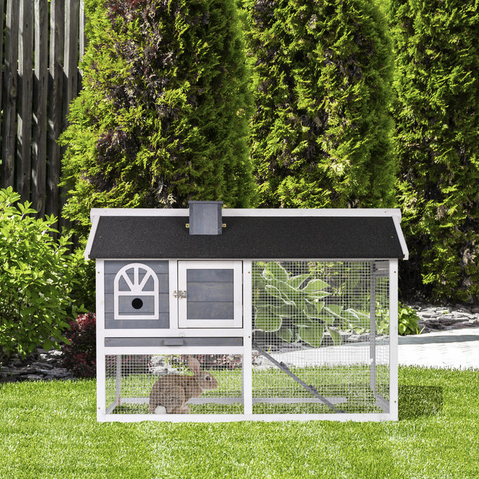 Pawhut Rabbit Hutch, Wooden Guinea Pig Cage Outdoor With Run, Removable Tray, Ramp, Asphalt Roof, Grey