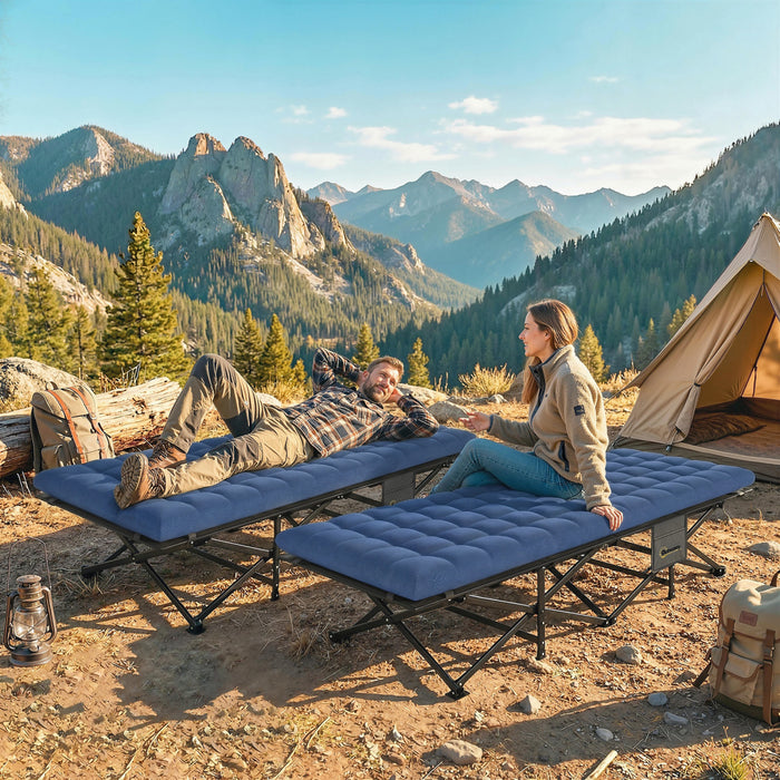 Outsunny Set of 2 Camping Cot with Pad, 32\" Extra Wide Folding Cots, Blue