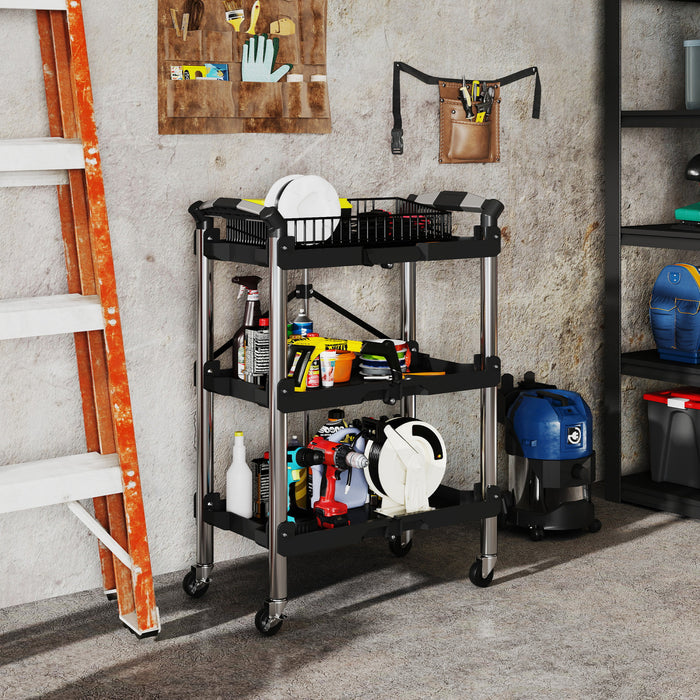 Homcom 3-tier Collapsible Tool Cart With Wheels, Folding Utility Cart Black