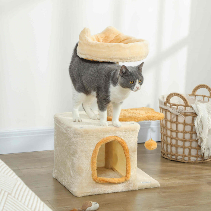 PawHut Cat Tree, 28\" Cat Tower for Indoor Kittens with Plush Top Bed, Cozy Condo, Sisal Scratching Post, Perch, Dangling Ball, Beige and Yellow