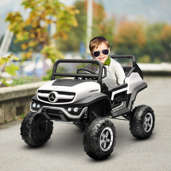 Aosom Licensed Mercedes-benz Unimog Ride On Truck, 12v Battery Powered Electric Vehicle With 2.4g Remote Control, 3 Speed Spring Suspension, Led Lights, Mp3, Music, Horn, White