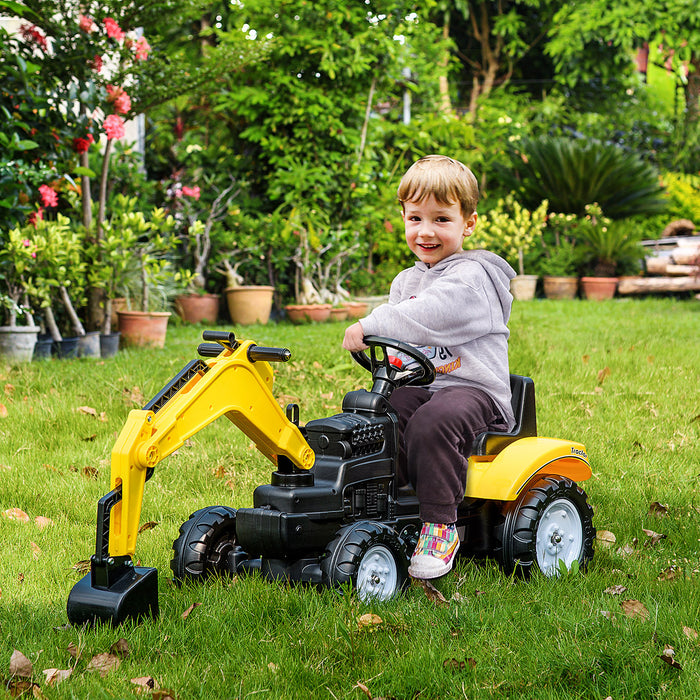 Aosom Kids Ride On Excavator Toy, Pedal Tractor Ride On Toys, Larger Size Pretend Play Ride On Excavator For Kids & Toddlers 3-6 Years Old, Yellow