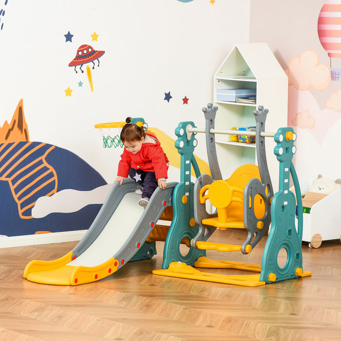 Qaba 4-in-1 Kids Swing And Slide Set With Basketball Hoop And Adjustable Seat Height, Toddler Play Climber Slide Playset For Indoor And Outdoor Playground Activity Center