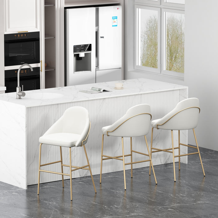 Gracie Modern Metal Upholstered Barstool in White and Gold - Set of 3
