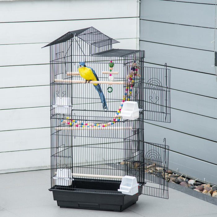 Pawhut 39\" Bird Cage For Budgie, Cockatiel, Conure, Small Birds, Parrot Cage With Ladder, Swing, Toys, Perches, Tray, Feeding Bowls, Handle, Black