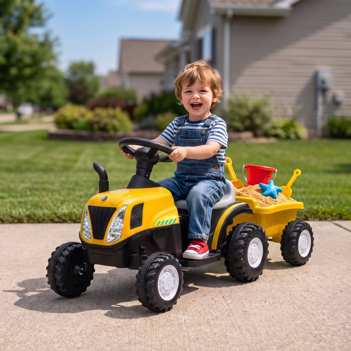 Qaba 2 in 1 Kids Ride On Tractor, 6V Electric Vehicle with Detachable Trailer, Battery Powered Toddlers Driving Toy with Music, Horn, Lights for Ages 1-3 Years, Yellow