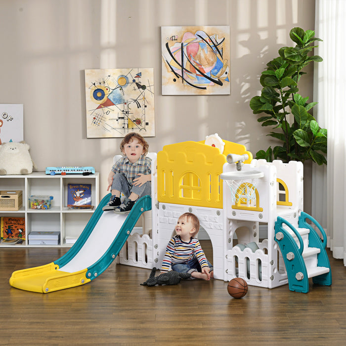 Qaba Toddler Slide, 7 In 1 Slide For Kids With Basketball Hoop, Climber, Telescope, Tunnel, Steering Wheel, Aisle, Storage Baskets, Indoor Slide Playset For 1-3 Years, Yellow
