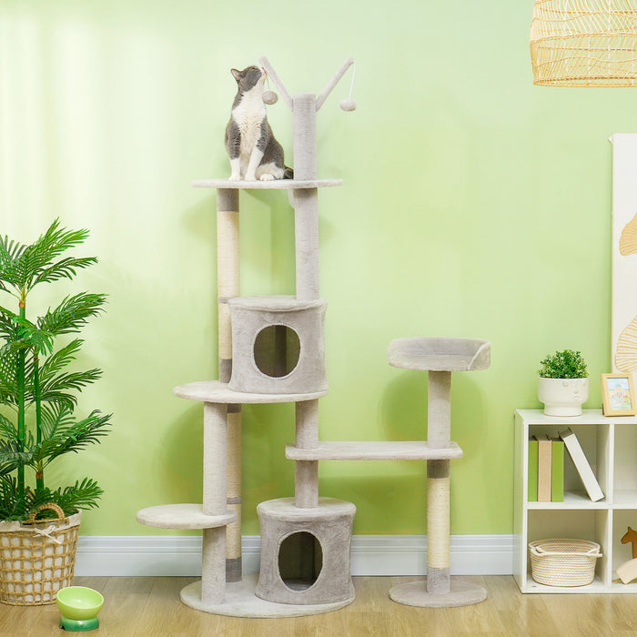 Pawhut 73.5\" Tall Cat Tree, Multi-level Cat Tower For Indoor Cats With Scratching Posts, Cat Condos, Bed, Platforms, Toy Balls, Cat Activity Center, Light Grey