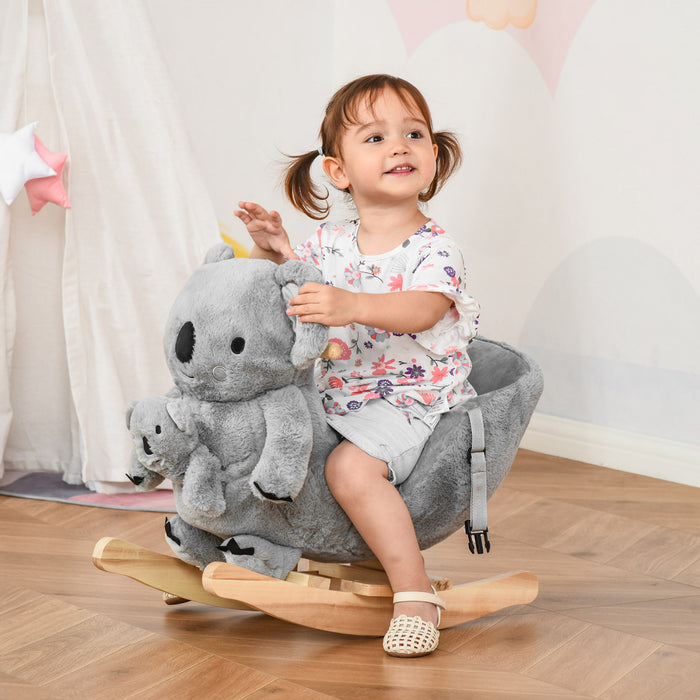 Qaba Kids Plush Ride-on Rocking Horse Koala-shaped Plush Toy Rocker With Gloved Doll Realistic Sounds For Child 18-36 Months Grey