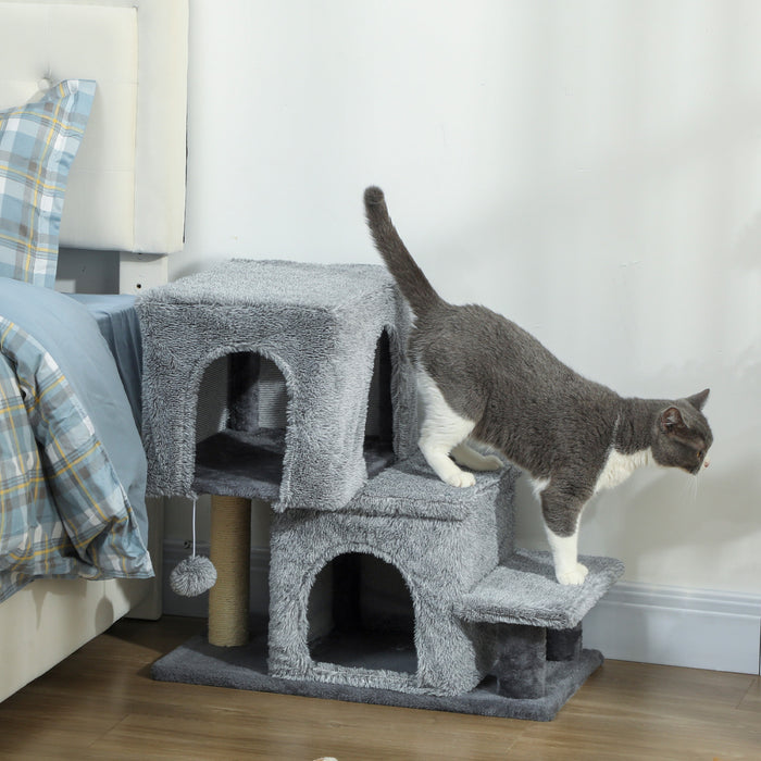 PawHut Adjustable Height Cat Stairs, 4-Step Pet Steps with Scratching Posts, Cat Condo, Hanging Ball, Dog Stairs for Sofa and High Bed, for Kittens and Small Dogs, Grey