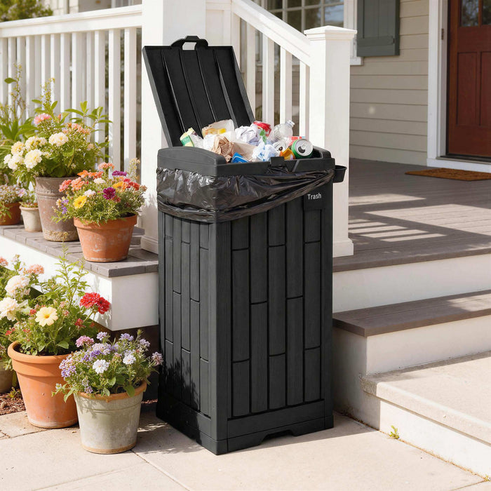 Outsunny 29 Gallon Outdoor Garbage Bin with Dual Lid and Side Holder, Waterproof Plastic Garbage Can with Drip Tray, Outdoor Waste Trash Can for Patio, Backyard, Garden, Black