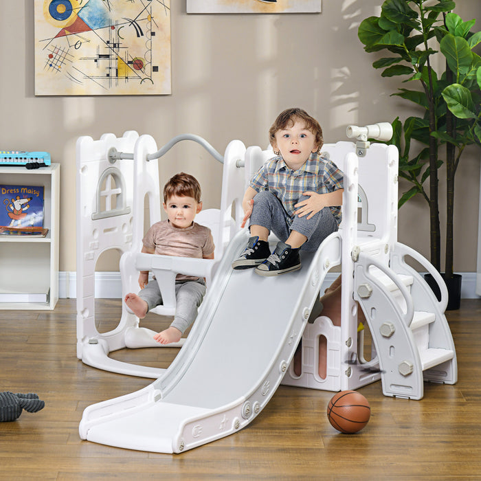 Qaba 6-in-1 Slide And Swing Set With Basketball Hoop, Climber, Baby Swing Set Indoor Playground With Storage Space, Telescope, For Aged 1-3 Years Old, Grey