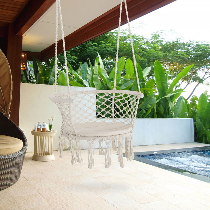 Outsunny Hanging Hammock Chair, Cotton Rope Porch Hammock Swing With Metal Frame And Cushion, Large Macrame Seat For Patio, Garden, Bedroom, Living Room, Cream White