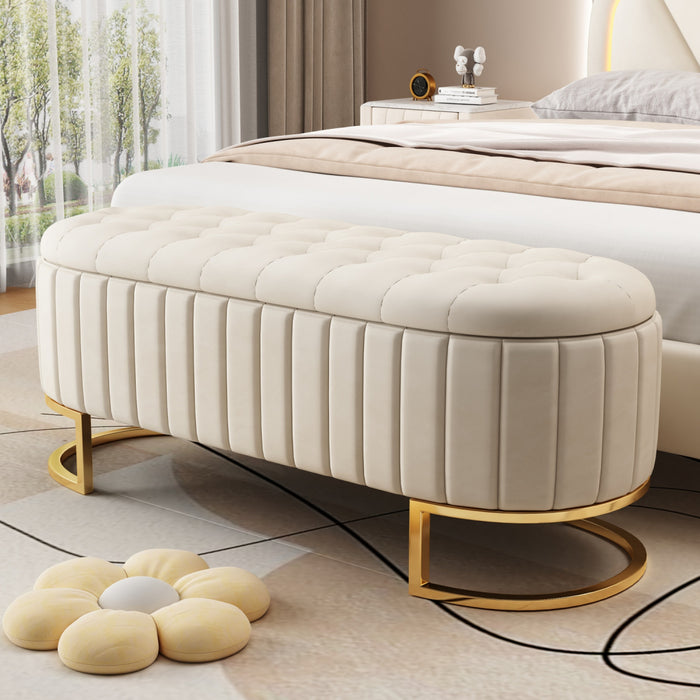 Amelia Elegant Velvet Button-Tufted Storage Bench with Metal Legs,Beige