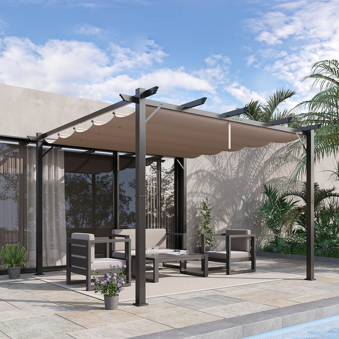 Outsunny 10' X 10' Outdoor Retractable Pergola Canopy, Aluminium Gazebo, Grape Trellis Sunshade Shelter For Backyard, Deck, Garden, Grey Frame