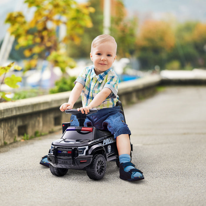 Aosom Kids Ride On Sliding Car With Hidden Under Seat Storage, Ride On Police Car For Toddler With Megaphone, Anti Dumping Device, Removable Backrest, Foot-to-floor Design, Black