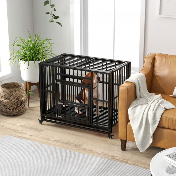 Pawhut 37\" Heavy Duty Dog Crate With Wheels For Small And Medium Dogs, Folding Dog Cage With Double Doors, Two Prevent Escape Locks, Removable Tray, Openable Top, Black