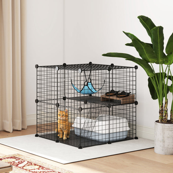 PawHut 2 Tier Cat Cage Crate, DIY Pet Playpen with 2 Doors, Ladder, Hammock, Platform, Indoor Playpen for Kittens, Squirrel, Rabbit, Black