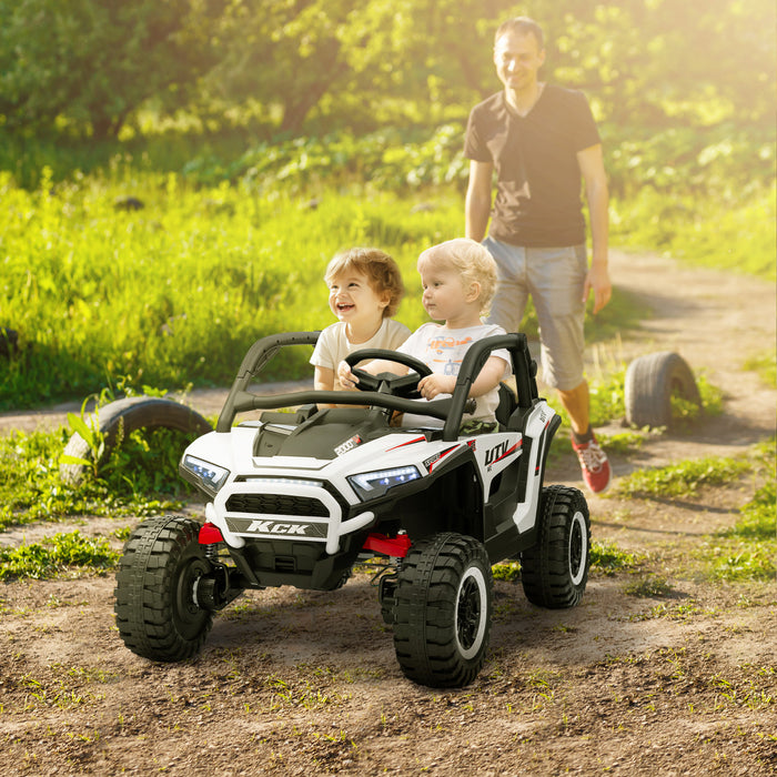 Qaba 24v 7ah Powered Ride-On Truck, 2 Seater 4wd Battery Powered Electric Car For Kids With 4 Spring Suspension Wheels, Remote Control, 3 Speed, Led Lights, Mp3 Player, Horn, Music, White
