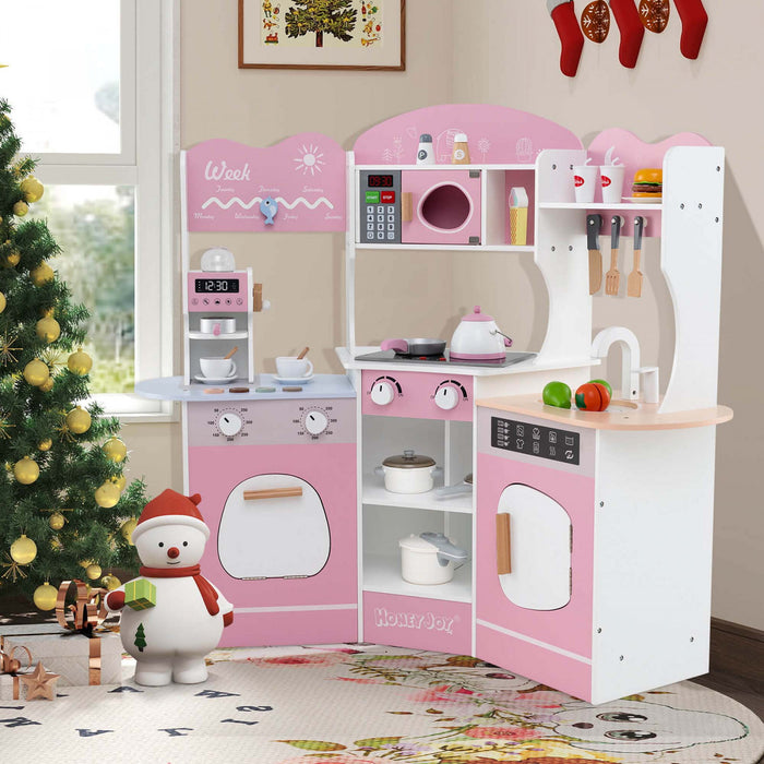 Honeyjoy Corner Kitchen Playset With Coffee Machine Oven Microwave Washing Machine Pink