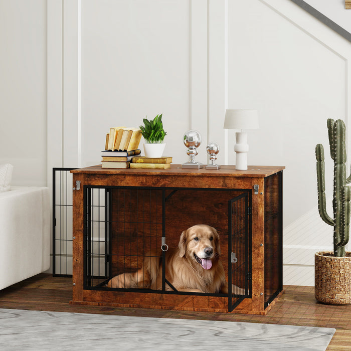 Pawhut Dog Crate Furniture, 39\" Dog Kennel Furniture With Flip-up Top Opening, 2 Doors, Indoor Dog Cage End Table For Large Dogs, Rustic Brown