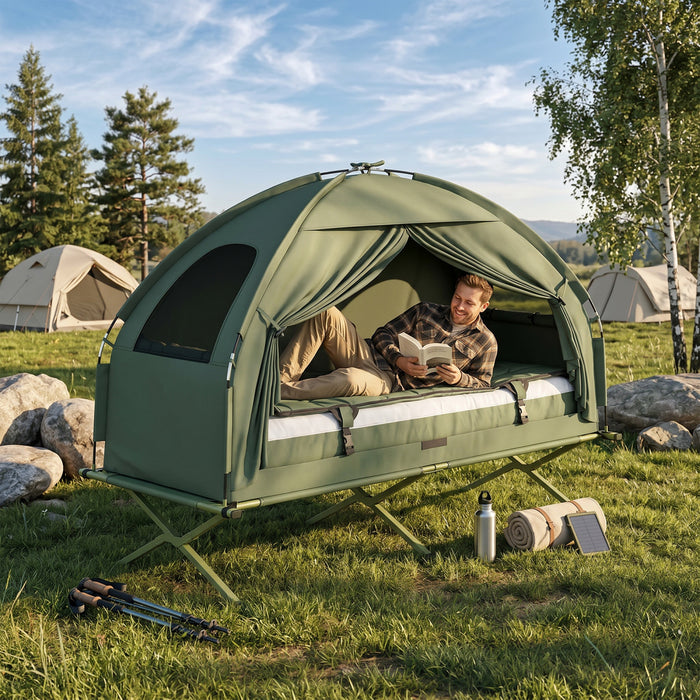 Outsunny 4-in-1 Camping Cot Tent, 1-Person Off-Ground Bed with Air Mattress, Sleeping Bag & Pillow