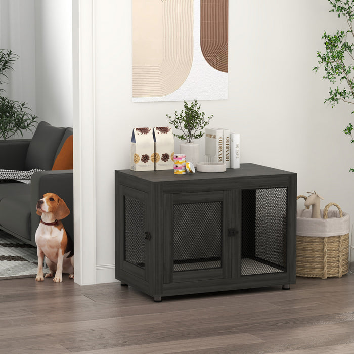 Pawhut Double-door Dog Crate Furniture For Medium Small Dogs, Pet Crate End Table With Water-resistant Cushion, Wooden Dog Kennel Furniture For Indoor Use, Black