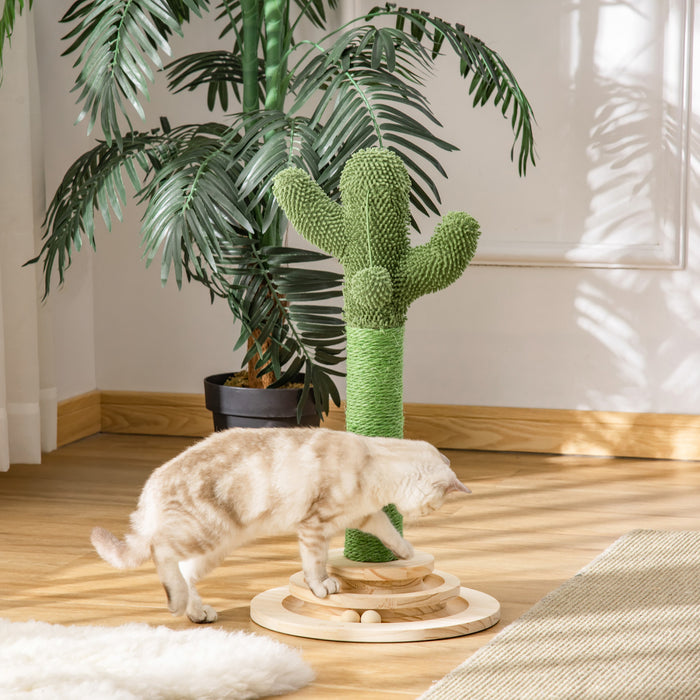 Pawhut Cat Scratching Post, 23.6\" Cactus Scratching Post, Nature Sisal Cat Scratcher With Two Interactive Hanging Balls And Rotating Ball Toys For Indoor Cats