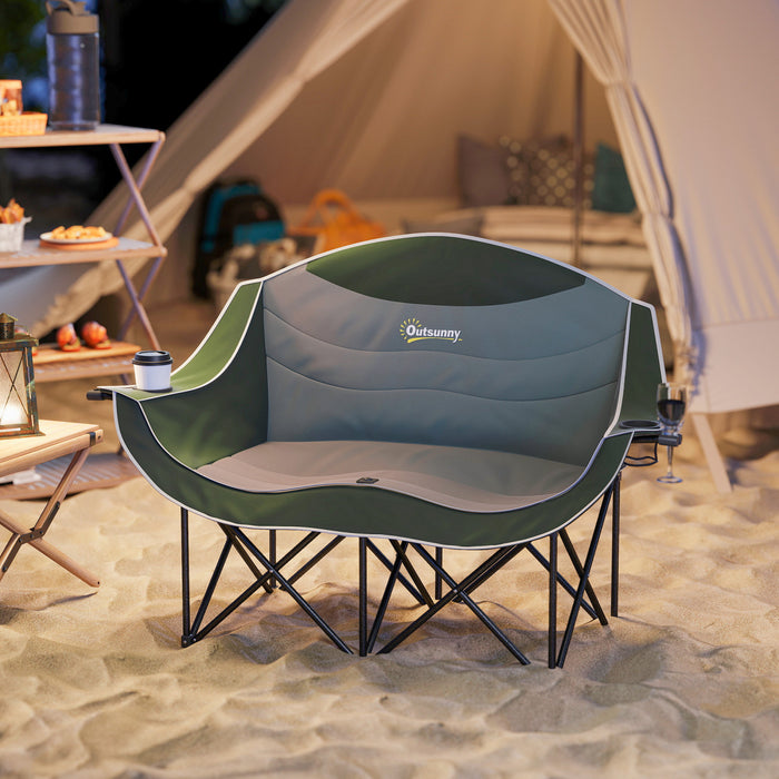 Outsunny Double Camping Chair, Padded Camp Chair w/ Cup Holders, Dark Green